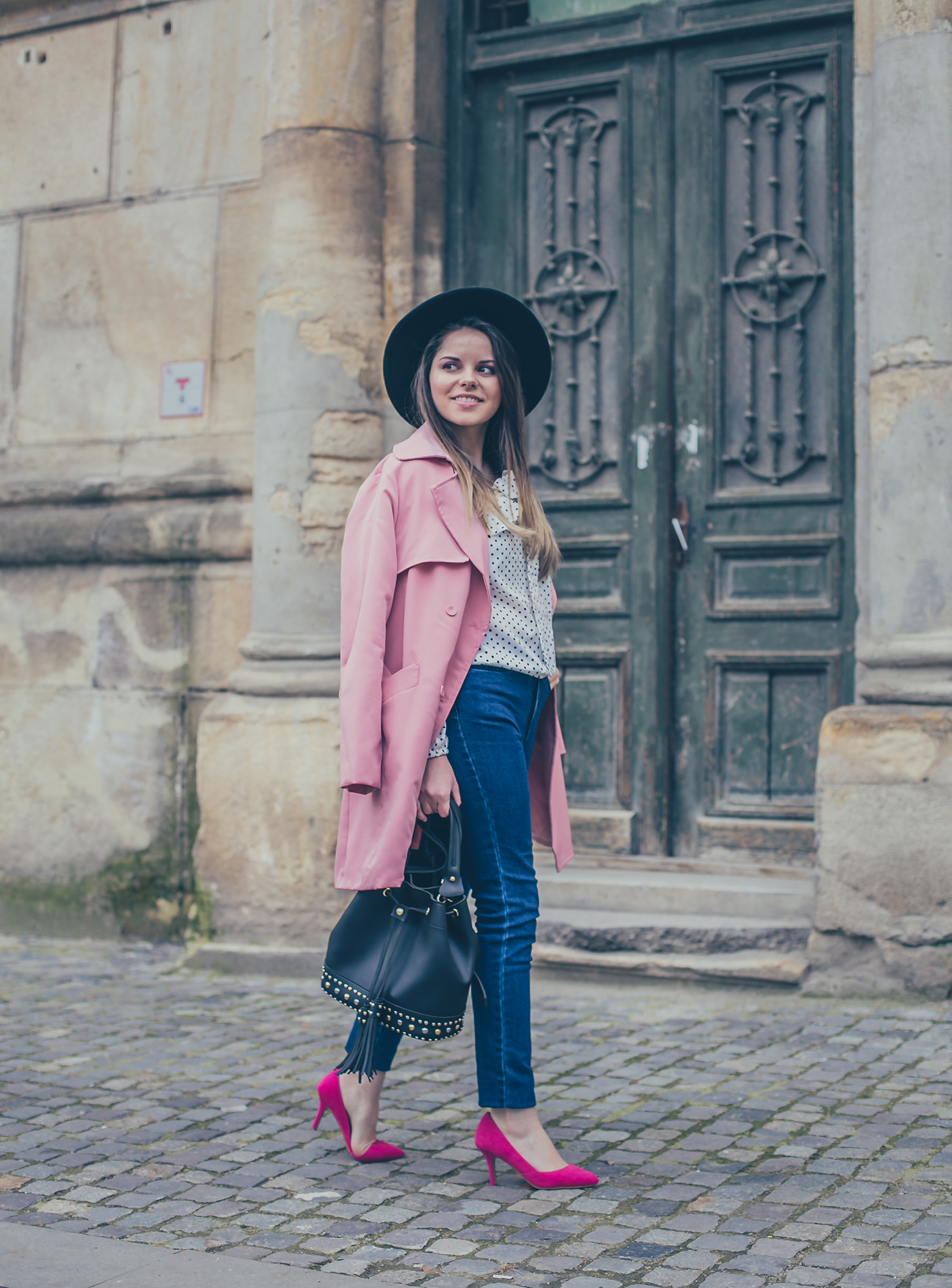 pink trench coat