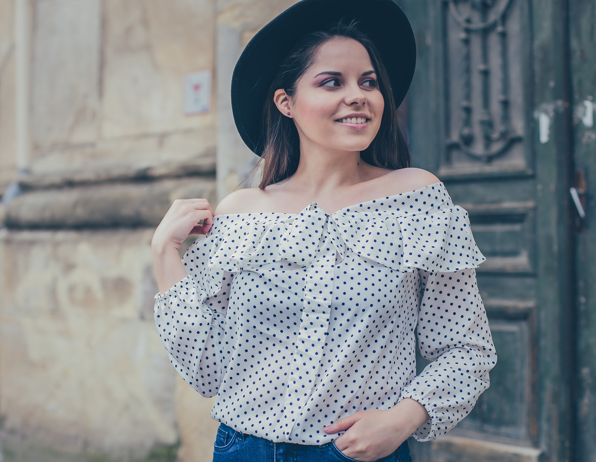polka dot off the shoulders shirt