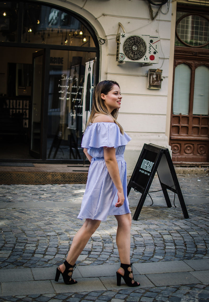 Off The Shoulder Tie Waist Stripe Dress