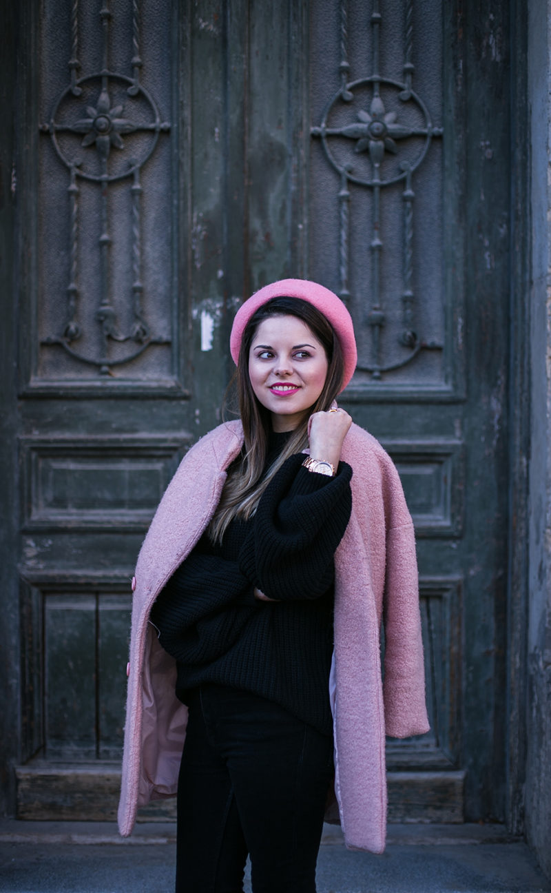 pink coat and pink beret