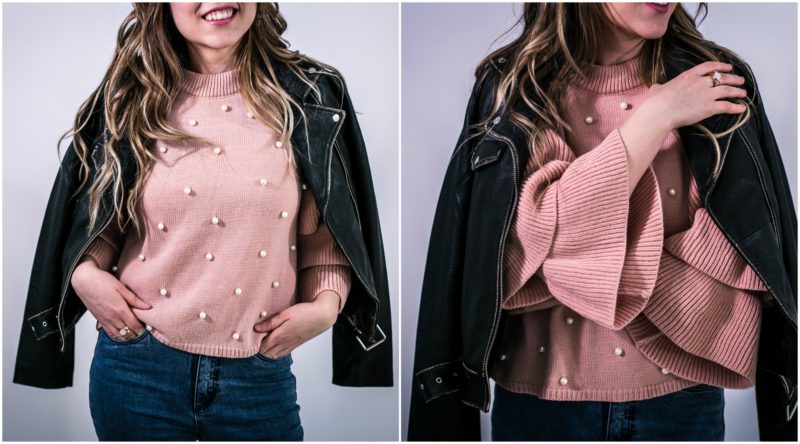 pink pearl sweater vintage look leather jacket